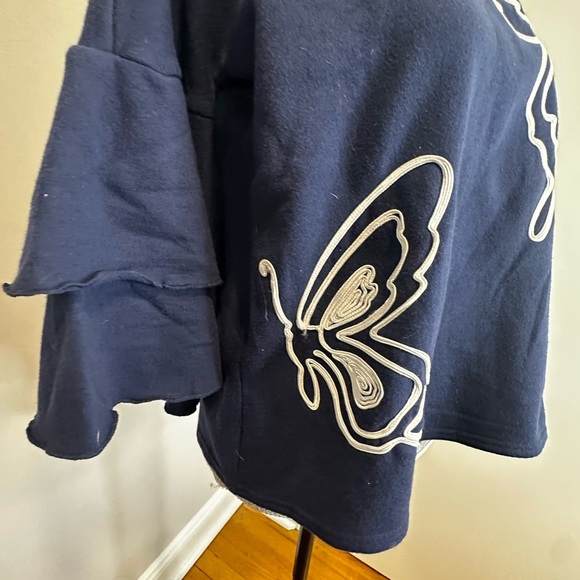 Navy Butterfly Fleece Bell Puff Sleeve Sweatshirt DG2 by Diane Gilman. Crew. Sm - Picture 11 of 16